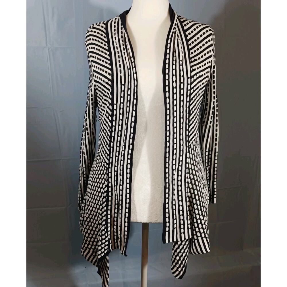 ZOZO Long Cardigan Black & White Geometric Open Front Assymetric Hem Small NWT